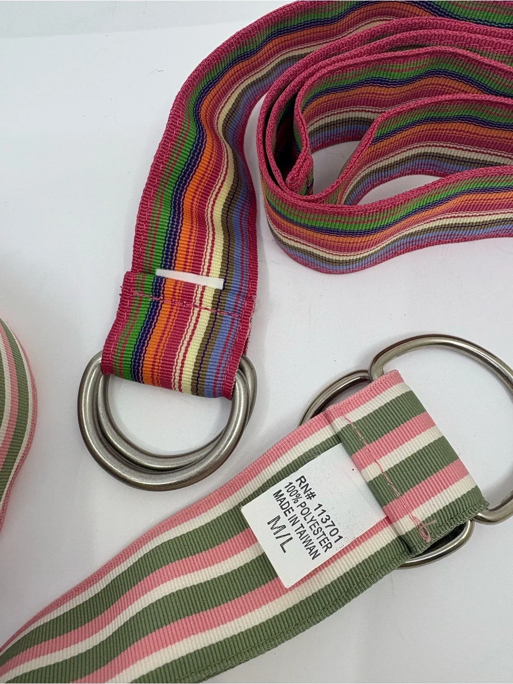 Striped Double-Ring Fabric Belt - Pink & Olive Green